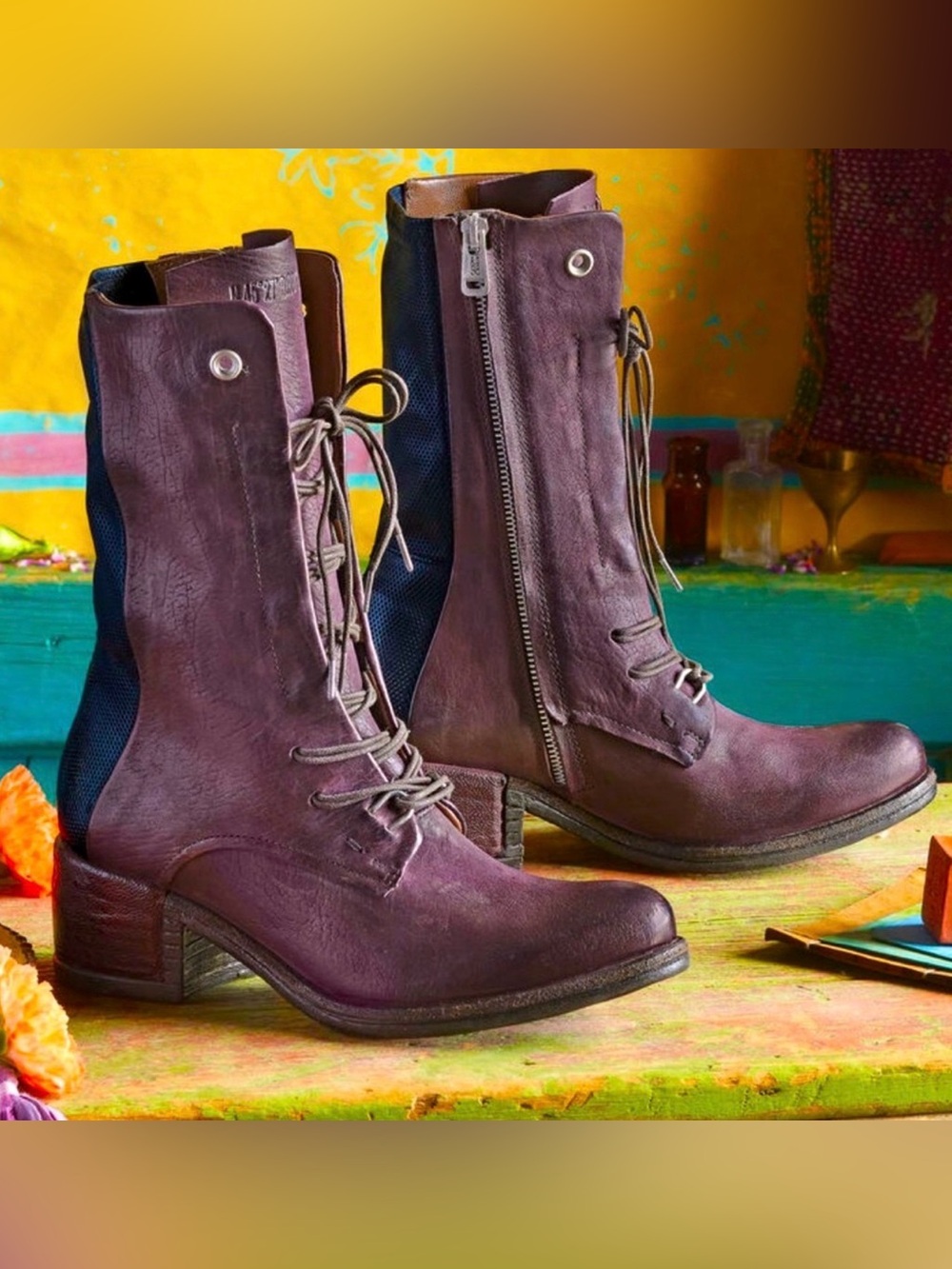 A.S.98 "Opie Boots". Aubergine/black lace up leather boots with zipper
